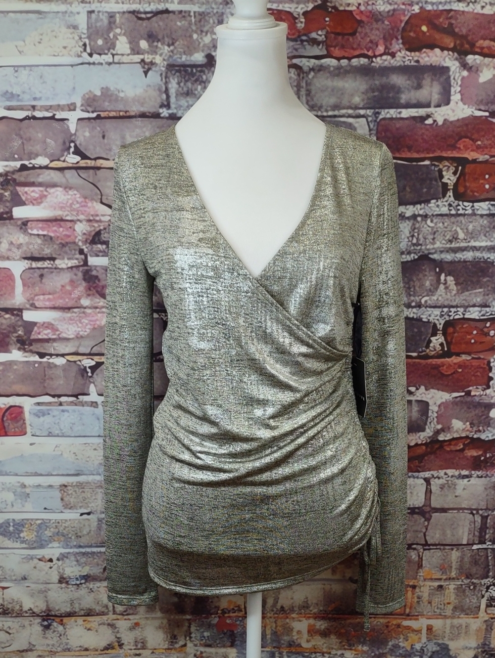 Trouve Metallic Silver Surplus Wrap V Neck Top